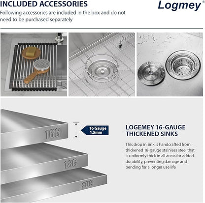 Logmey 25x22 Drop in Laundry Sink 25 Inch Laundry Room 12" Deep Sinks Handmade 16 Gauge Heavy Duty Stainless Steel Large Capacity Utility Washing Tub for Home & Commercial Use