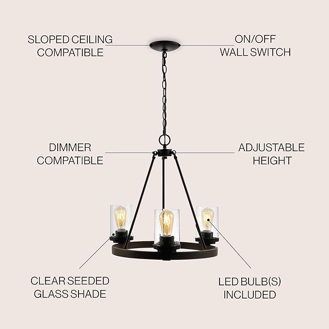 JONATHAN Y 20" Oil Rubbed Bronze 3-Light Rustic Farmhouse LED Chandelier, Round Metal Wagon Wheel Pendant Lighting for Dining Room Kitchen with Seeded Glass Shade JYL7511A