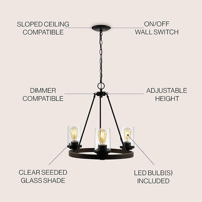 JONATHAN Y 20" Oil Rubbed Bronze 3-Light Rustic Farmhouse LED Chandelier, Round Metal Wagon Wheel Pendant Lighting for Dining Room Kitchen with Seeded Glass Shade JYL7511A