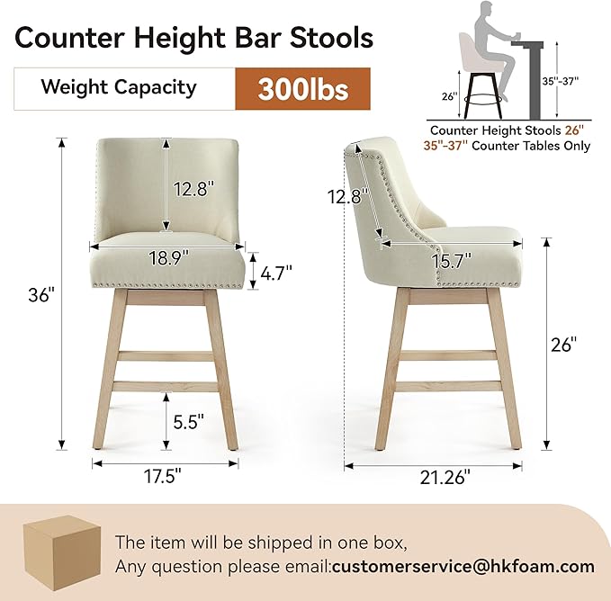Counter Height Swivel Bar Stools Set of 3, Modern Linen Fabric Swivel Barstools with Back and Wood Legs, Upholstered 26" Seat Height Counter Stools for Kitchen Island, Home Bar, Beige