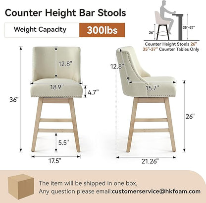 Counter Height Swivel Bar Stools Set of 3, Modern Linen Fabric Swivel Barstools with Back and Wood Legs, Upholstered 26" Seat Height Counter Stools for Kitchen Island, Home Bar, Beige