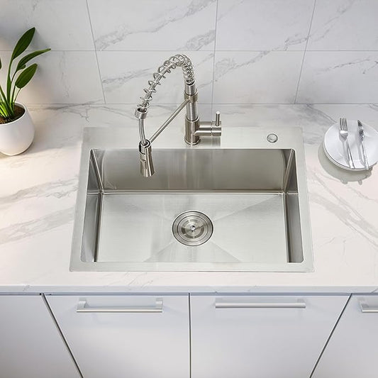 IKEBANA 24 x 18 Inch Brushed Nickel Kitchen Sink Drop in, 16 Gauge Stainless Steel Wet Bar Sink Topmount Single Bowl Small Kitchen Sinks, Outdoor RV Prep Sinks With Dish Grid& Drain