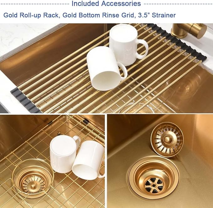 Gold Laundry Sink Undermount-Hovheir 24x19x12 Undermount Utility Sink 16 Gauge Brushed Gold Stainless Steel Single Bowl Deep Laundry Room Kitchen Sinks Outdoor Sinks with Bottom Grid