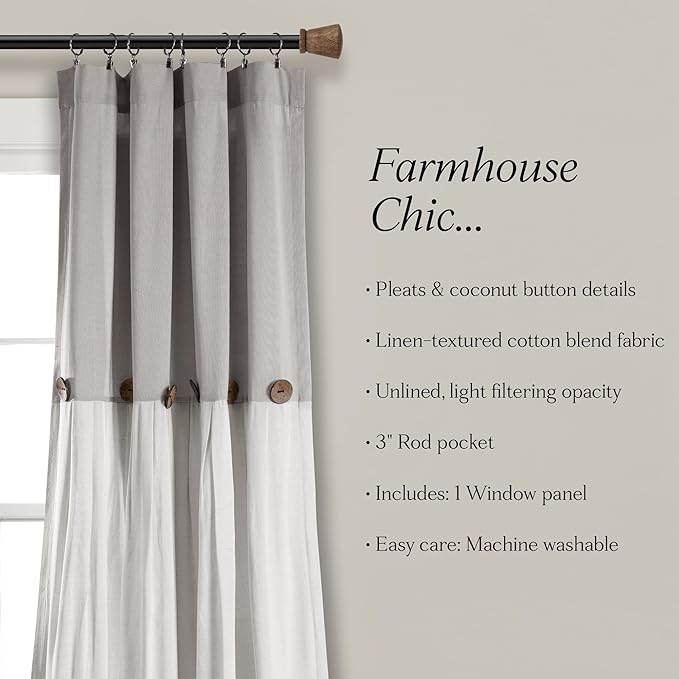 Lush Decor Linen Button Window Curtain Panel, Single, 40" W x 108" L, Gray & White - Country Curtains - Rustic Decor - Color Block Modern Farmhouse Curtains For Living Room, Bedroom & Dining Room