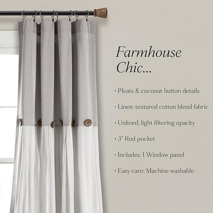 Lush Decor Linen Button Window Curtain Panel, Single, 40" W x 108" L, Gray & White - Country Curtains - Rustic Decor - Color Block Modern Farmhouse Curtains For Living Room, Bedroom & Dining Room