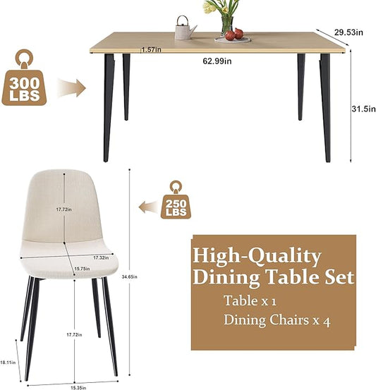 Dining Table Set with 4 Beige Dining Chairs, Rust-Resistant Iron Legs, Rectangular Kitchen Table for Dining Room & Patio(63 in Table and 4 Chairs)