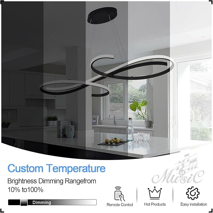 Kitchen Island Lighting, 3-Color LED Dining Room Light Fixture, 47.24" Adjustable Height Led Pendant Lighting for Kitchen Island, Black Chandeliers for Dining Room