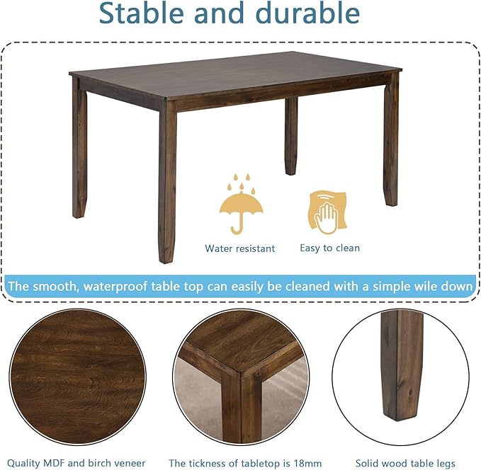 5-Piece Solid Wood Dining Table Set with 4 Upholstered Chairs, Rectangular Kitchen Table Set for 4, Modern Dining Room Table and Chairs Set of 4 for Kitchen and Dining, Walnut
