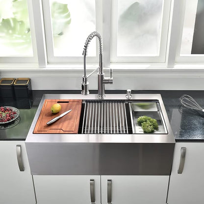 33 Inch Farmhouse Drop In Kitchen Sink Workstation - 33X22 inch Apron Front Kitchen Sink Workstation Single Bowl 16 Gauge Stainless Steel Farm Sink