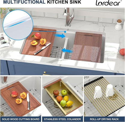 Lordear 33 Inch Granite Composite Kitchen Sink Double Bowl 33"X19" White Undermount 50/50 Workstation Quartz Sink With Ledge Classic Under Counter Basin