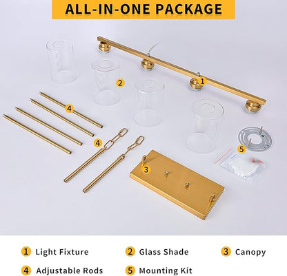 Mecgirn Island Light for Kitchen, Brushed Gold Dining Room Light Fixture Over Table, 4-Light Linear Chandelier Pendant Lighting for Dining Table Kitchen Island Living Room