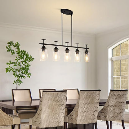 5-Light Linear Chandelier 35.4in Black Kitchen Island Lighting Fixture Dining Room Light Fixture Pendant Lights Ceiling Hanging Modern Kitchen Chandeliers Over Table with Clear Glass Shades