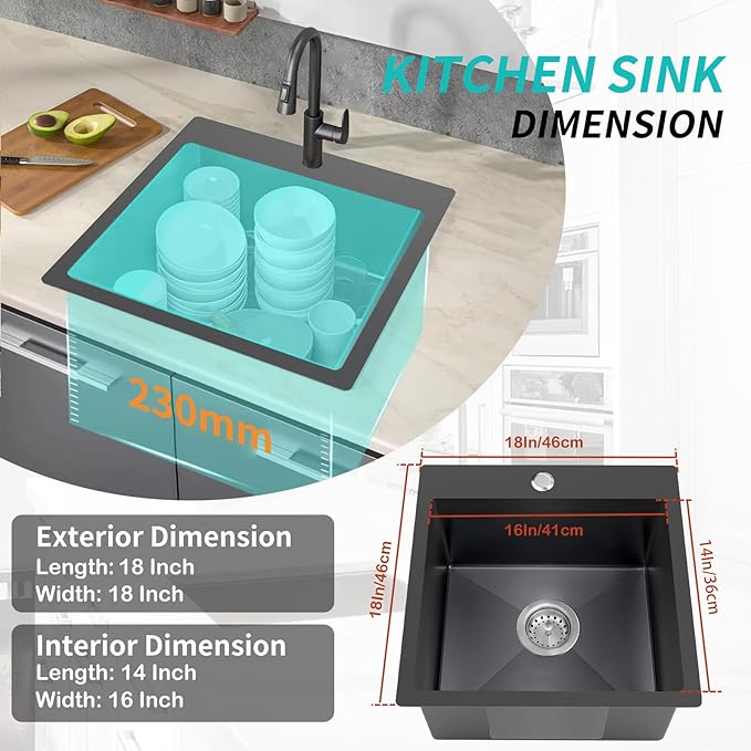 Black Kitchen Sink, Stainless Steel 18 x 18 Inch Top Mount Kitchen&Bar Sink Single Bowl Drop In Sink Set - Stainless Grid, Silicon Mat, Retracable Basket For Modern Stylish Kitchen