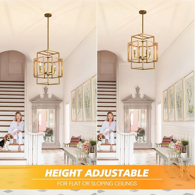 4-Light Gold Chandelier, Farmhouse Lantern Pendant Light Industrial Ceiling Foyer Lighting Fixtures, Modern Chandeliers for Dining Room, for Kitchen Island Staircase Hallway Entryway