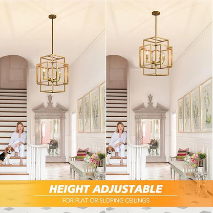 4-Light Gold Chandelier, Farmhouse Lantern Pendant Light Industrial Ceiling Foyer Lighting Fixtures, Modern Chandeliers for Dining Room, for Kitchen Island Staircase Hallway Entryway
