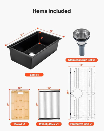 VEVOR 33 inch Kitchen Sink Workstation, Top Mount Granite Sinks, Drop-In Single Bowl Farmhouse Basin with Multiple Accessories, Household Dishwasher Sinks (18"D x 30"W x 9"H)