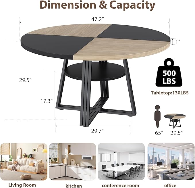47 Inch Round Dining Table for 4-6, Modern Farmhouse Circle Kitchen Table with Storage Shelf, Metal Cross Base & Adjustable Feet for Dining Room, Apartment, Small Space, Black & Wood