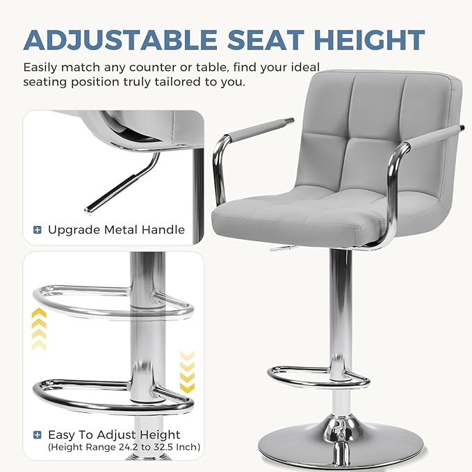 DUMOS Bar Stools Set of 2, Adjustable Swivel Bar Chairs with Padded Armrests and Ergonomic Backrest for Kitchen Island Counter Pub Dining Room, Water-Resistant PU Leather, Grey
