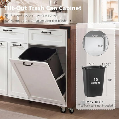 Kitchen Island with Extendable Dining Table, Rolling Kitchen Cart with Drawers and Trash Storage Cabinet, Island Mobile Dining Table on Wheels with 3-Tier Pull-Out Spice Rack for Small Space White