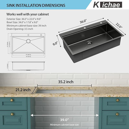 Kichae 36 Black Kitchen Sink Drop In - 36x22 Drop Sink Gunmetal Black Stainless Steel 16G Single Bowl Kitchen Sinks Workstation Handmade Topmount Basin