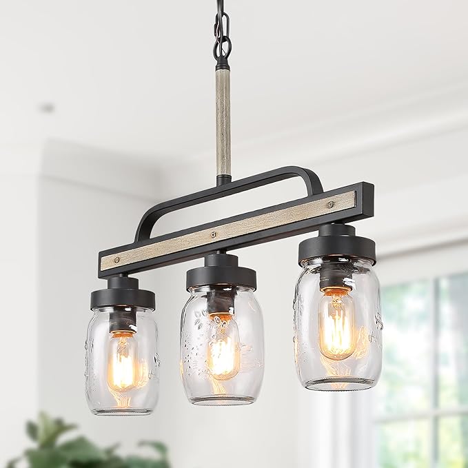 LOG BARN Farmhouse Chandeliers for Dining Room, 3-Light Rustic Mason Jar Chandelier Light Fixture, 22" L Faux Wood Kitchen Island Pendant Lighting