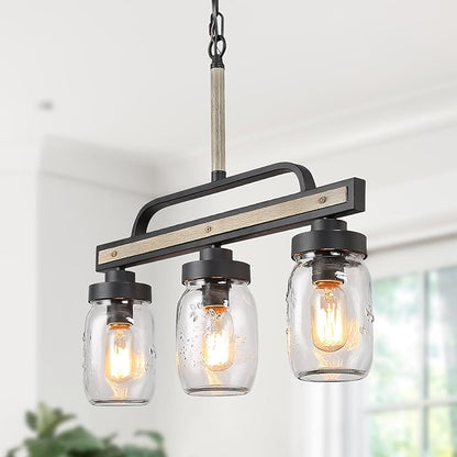 LOG BARN Farmhouse Chandeliers for Dining Room, 3-Light Rustic Mason Jar Chandelier Light Fixture, 22" L Faux Wood Kitchen Island Pendant Lighting