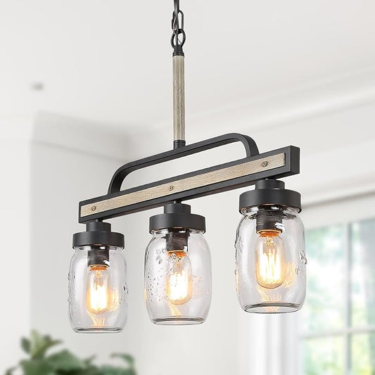 LOG BARN Farmhouse Chandeliers for Dining Room, 3-Light Rustic Mason Jar Chandelier Light Fixture, 22" L Faux Wood Kitchen Island Pendant Lighting