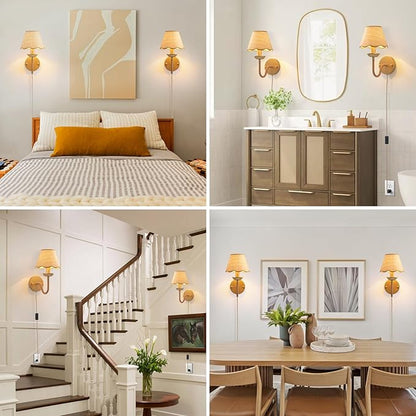 Rattan Wall Sconce,Boho Hand-Woven Gold Wall Light,Rustic Modern Rattan Sconce Lighting,Gold Plug in Wall Lights for Living Room,Bedroom,Hallway,Vanity,1-Light
