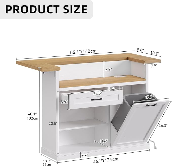 Kitchen Island with Seating, Rolling Kitchen Islands with Storage, 55" W Large Island Table, Breakfast Bar Counter with Drop Leaf, Trash Can Cabinet, Power Outlet for Dining Room, White