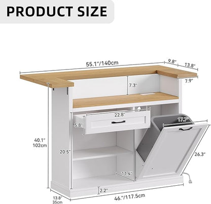 Kitchen Island with Seating, Rolling Kitchen Islands with Storage, 55" W Large Island Table, Breakfast Bar Counter with Drop Leaf, Trash Can Cabinet, Power Outlet for Dining Room, White
