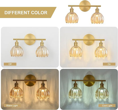 Gold Bathroom Light Fixtures Over Mirror, 2 Light Bathroom Vanity Light Fixture with Tulip Amber Glass Lampshade, Vintage Vanity Lights for Bathroom, Bathroom Vanity Lights Over Mirror