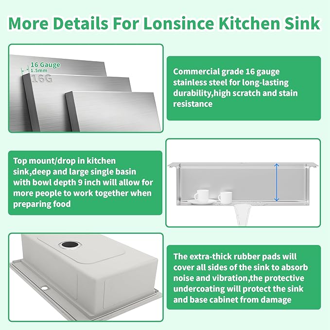 Drop In Kitchen Sink 33" X 22",Top Mount 16 Gauge Stainless Steel Workstation Sink,Deep & Large Single Bowl Kitchen Sinks