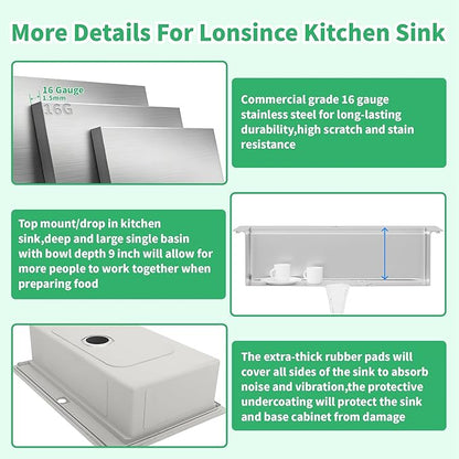 Drop In Kitchen Sink 33" X 22",Top Mount 16 Gauge Stainless Steel Workstation Sink,Deep & Large Single Bowl Kitchen Sinks