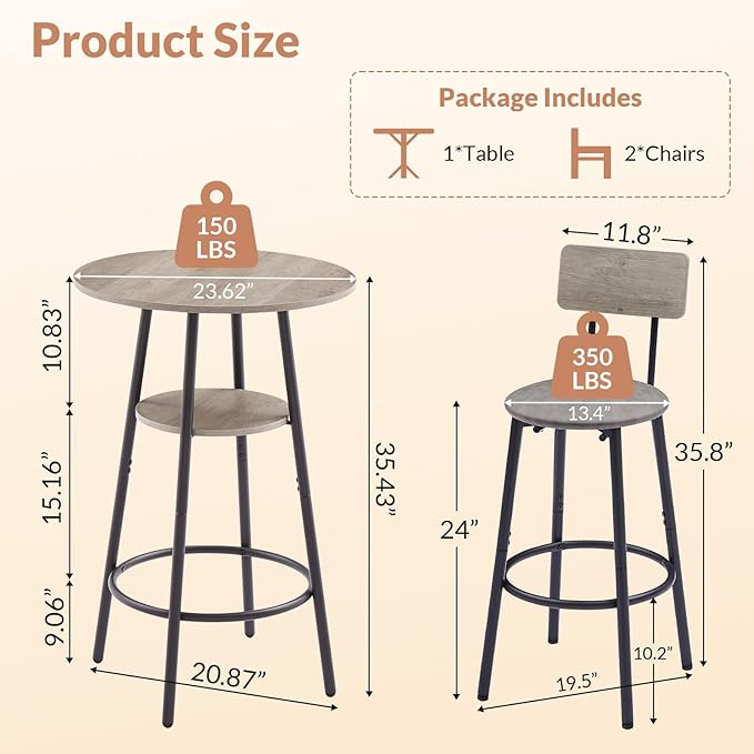 Zevemomo 3 Pieces Round Bar Table Set, Small Dining Table for 2, Breakfast Table with Storage, Modern Kitchen Bar Table, 2 Upholstered Stools with Backrest for Kitchen, Dining Room & Bistro-Grey