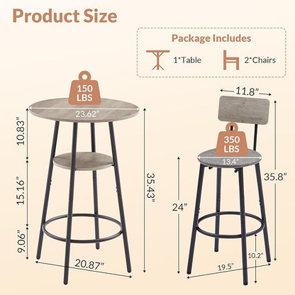 Zevemomo 3 Pieces Round Bar Table Set, Small Dining Table for 2, Breakfast Table with Storage, Modern Kitchen Bar Table, 2 Upholstered Stools with Backrest for Kitchen, Dining Room & Bistro-Grey