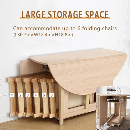 COMUHOME 47.3" Round Folding Dining Table for 4-8, Wood Kitchen Foldable Dining Table Large Drop Leaf Dinner Table with Storage Shelf Metal Legs for Home Dining Room Living Room in Wood Color