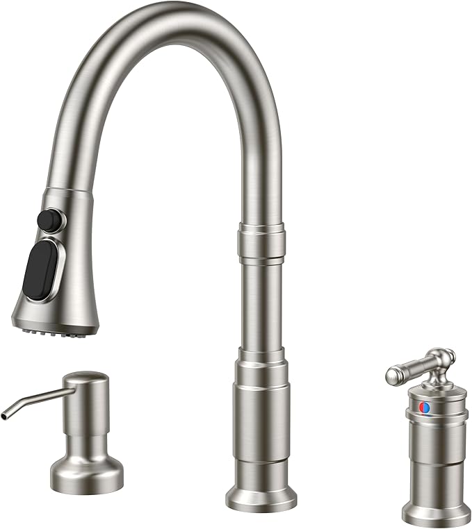 FORIOUS 3 Hole Kitchen Faucet with Soap Dispenser, Brushed Nickel Stainless Steel Vintage Pull Down Sprayer Kitchen Sink Faucet with Single Seperate Handle, Suitable for Farmhouse Outdoor Rv Bar