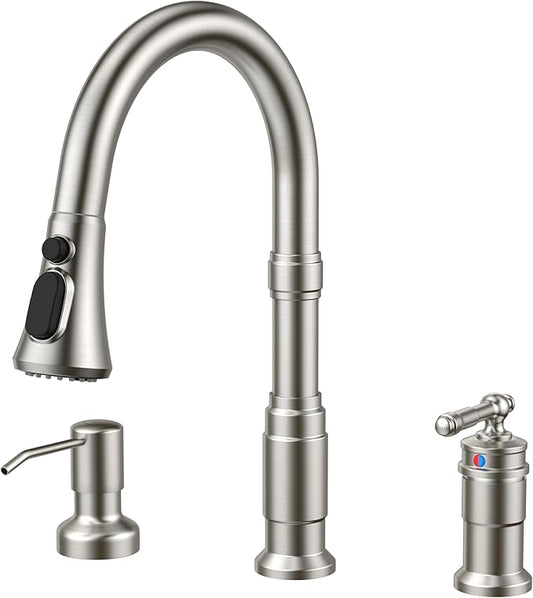 FORIOUS 3 Hole Kitchen Faucet with Soap Dispenser, Brushed Nickel Stainless Steel Vintage Pull Down Sprayer Kitchen Sink Faucet with Single Seperate Handle, Suitable for Farmhouse Outdoor Rv Bar