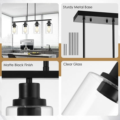 Dining Room Light Fixture, 4-Light Industrial Black Chandeliers for Dining Room, Height-Adjustable Dining Room Light Fixtures Over Table, Dining Room Chandelier Clear Glass Shade for Kitchen Island