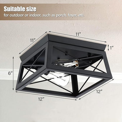 Pia Ricco Flush Mount, Modern Industrial Square Ceiling Light for Outdoor Porch, Indoor Kitchen, Hallway, Entry - Black Rustic Style, 2-Light