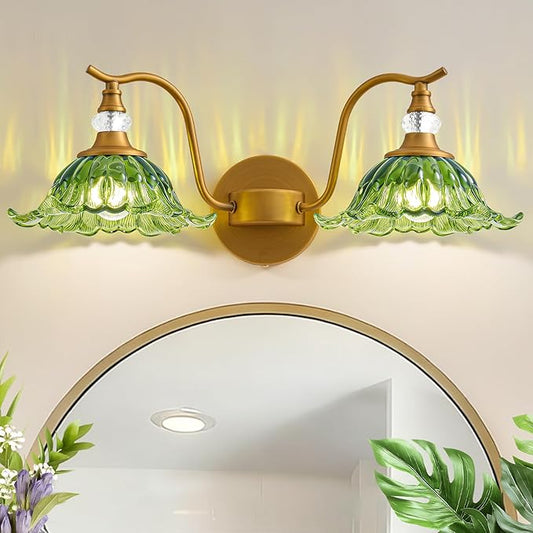 Vintage Bathroom Vanity Light Fixtures - 2 Light Antique Brass Bathroom Lights Fixture Over Mirror with Green Flower Glass,Retro Brushed Gold Bronze Wall-Mounted Vanity Lighting for Powder Room