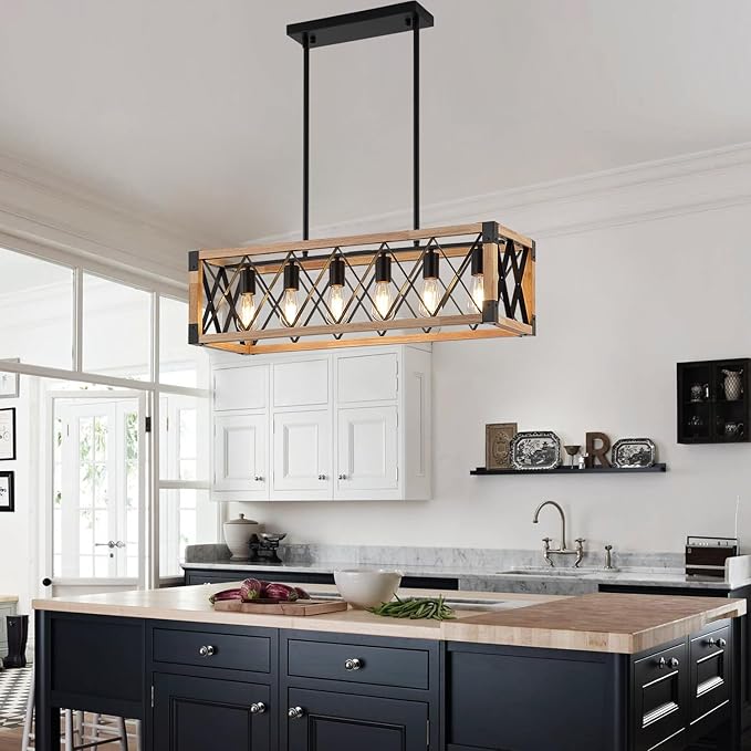 Wood Chandeliers for Dining Room,Black Farmhouse Dining Room Light Fixtures,Rustic Kitchen Light Fixtures for Kitchen Island,Bar, Coffee Shop, Adjustable Hanging Pendant Light 6-Lights
