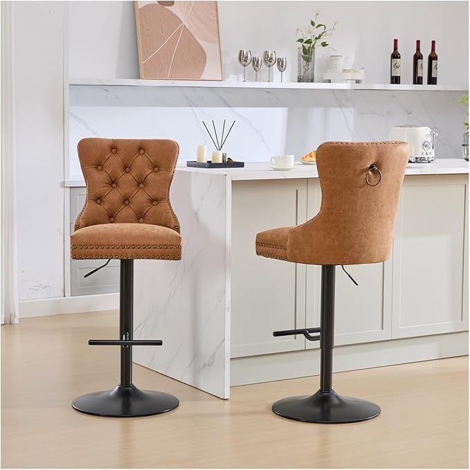 Aged and Retro PU Swivel Barstools Adjusatble Seat Height from 26-33 Inch, Modern Bar Stools with Backs Comfortable Tufted for Home Pub and Kitchen Island