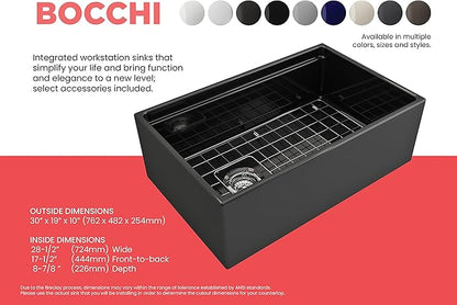 BOCCHI Contempo Workstation Apron Front Step Rim Fireclay 30 in. Single Bowl Kitchen Sink with Accessories in Black