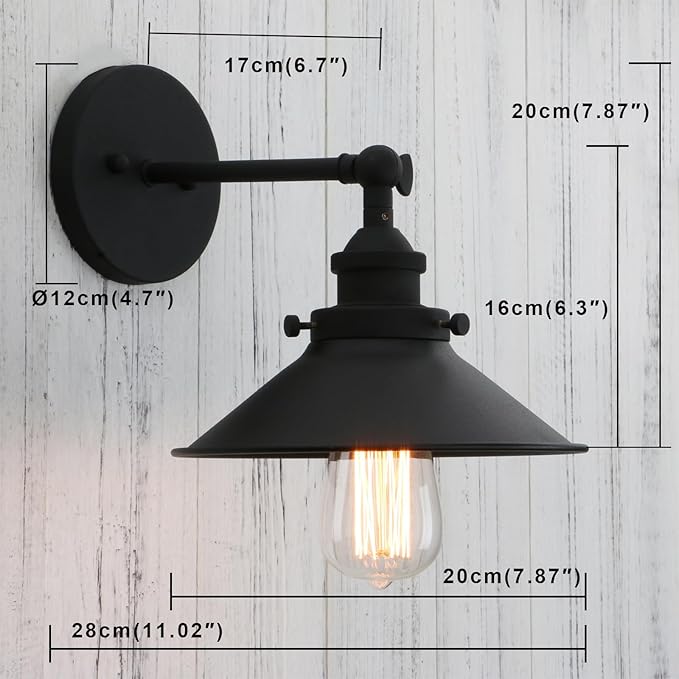 PERMO Vintage Industrial Metal Wall Sconce Lighting 180 Degree Adjustable Wall Lamp Matte Black
