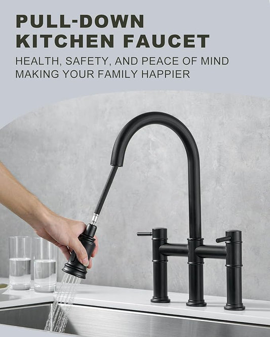 Bridge Faucet for Kitchen Sink: iVIGA Black Farmhouse 3 Hole Kitchen Faucet with Pull Down Sprayer (3 Spray Modes) - 2 Handle High Arc Brass Faucet with 360° Swivel, with Supply Lines