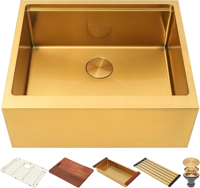 28-Inch Farmhouse Kitchen Sink, 16 Gauge Stainless Steel Farm Sink, Undermount Single Bowl, Brushed Finish, Deep Basin, Workstation Design with Accessories (Gold, 28" x 22" x 10")