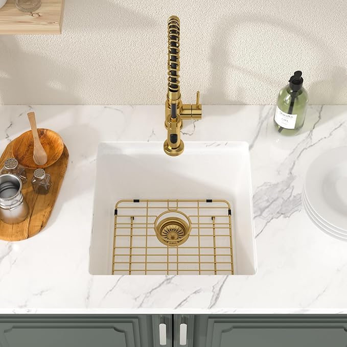Lordear 18 Inch White Kitchen Sink Granite Composite Undermount Bar Workstation 18x18 White Quartz Sinks Under Counter Single Bowl with Classic Gold Accessories