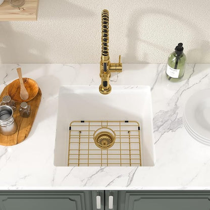 Lordear 18 Inch White Kitchen Sink Granite Composite Undermount Bar Workstation 18x18 White Quartz Sinks Under Counter Single Bowl with Classic Gold Accessories