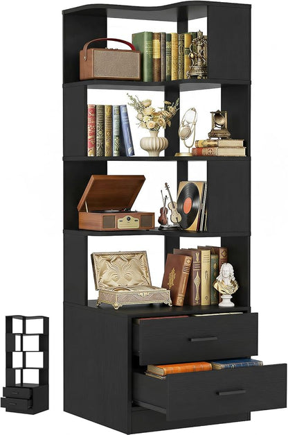 Armocity Corner Bookshelf with Drawers, 7 Tier Corner Book Shelf Display Bookcase, Freestanding L Shaped Bookshelf for Bedroom, Living Room, Home Office, Black